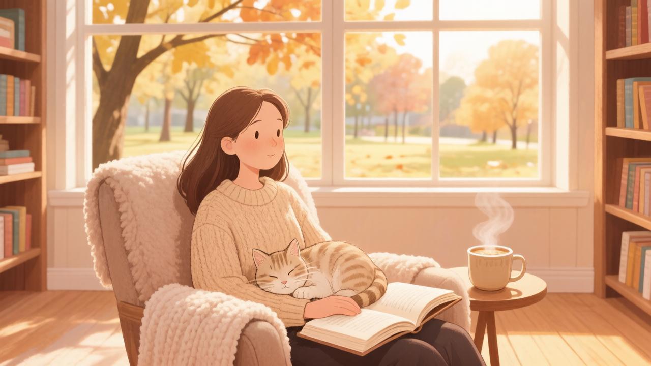 Уютная иллюстрация уединения: человек с книгой в кресле у окна, спящий кот на коленях и чашка овсянки на столике, в мягких осенних тонах.